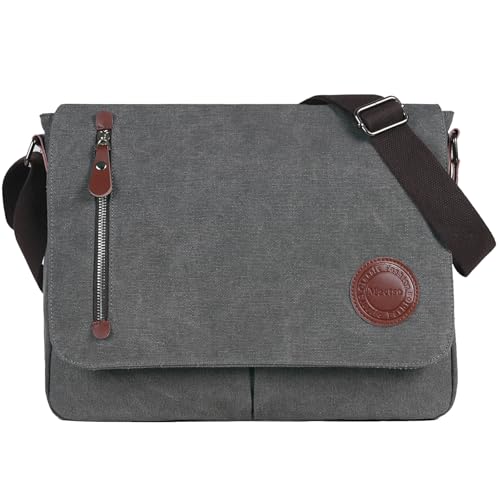Bolsa carteiro vintage de lona para homens e mulheres, bolsa de ombro de viagem de 13,5 polegadas para laptop bolsa de livros (cinza)