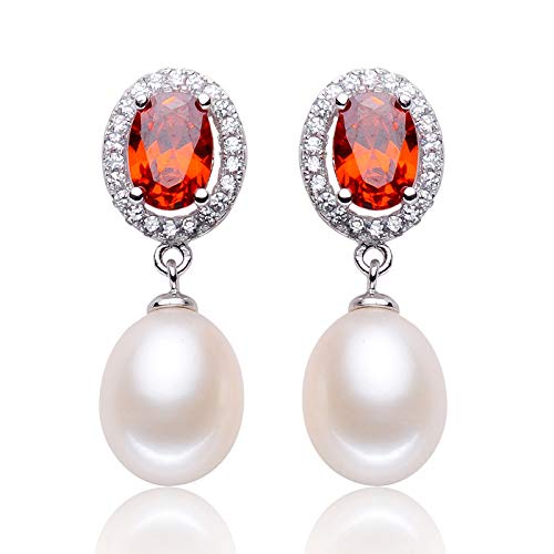Pendientes de perlas y plata 925 vintage con circonita roja perfectos para bodas y cenas de gala