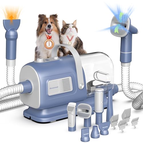 geoorood Dog Grooming Vacuum and Dryer Kit Blower for Pet Vacuum Grooming 7 in 1 with Clippers for Dogs Hair Shedding Brush Remover Tools at Home Blue Grey