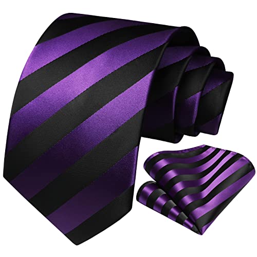 Image of HISDERN Mens Tie Striped Ties and Handkerchief Set Business Formal Woven Pocket Square Wedding College Stripe Necktie