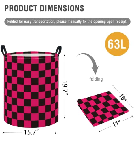 Image of Baby Laundry Hamper Basket Baby Hamper for Nursery Boy and Girl Cute Storage Bin Organizer Boho Room Decor(Pink Black Checkered)