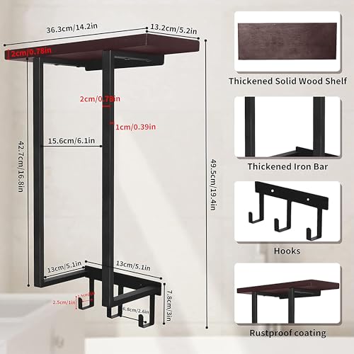 Towel Rack with Wooden Shelf and 3 Hooks - Black Bathroom Organizer for Rolled Towels and Accessories