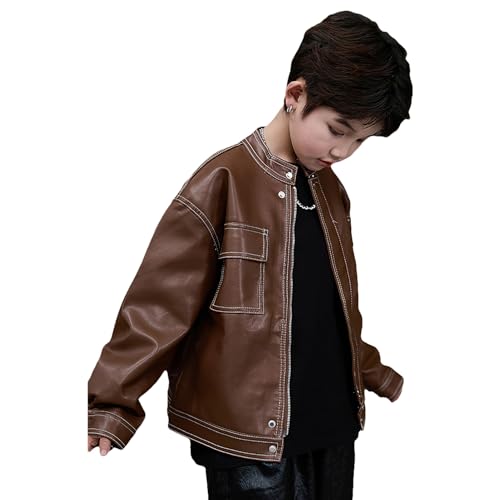 Boys PU Leather Motorcycle Bomber Kid Stand-Collar Outerwear Zip Coat4