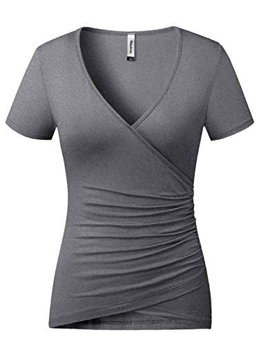 Beauhuty Women's Plus Size Tops Sexy Deep V Neck Sexy Low Cut Front Surplice Wrap Short Sleeve T Shirt (XXL, Short-Heather Grey)