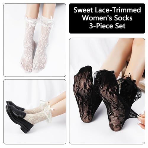 Image of YOYOU Ruffle Crew Socks Women, Frilly Socks, Girly Scalloped Lettuce
