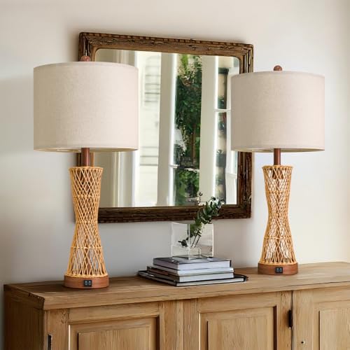 Image of OYEARS 27 inch Table Lamps Set of 2 with Rattan & Dual Lights, Boho Lamps for Nightstands, Bedside Lamps for Bedroom, Nightstand Lamp for Living Room, Farmhouse Table Lamp for Office & Study