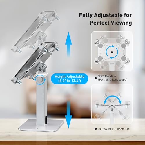Image of AboveTEK Anti-Theft iPad Kiosk Stand, 360 Rotation & Adj. Height 8.3 inch-13.4 inch, Heavy-Duty Steel & Aluminum, Fits 9.7 inch-13 inch Tablets, Security Retail POS Tablet Stand for Business & Commercial Use (Silver)