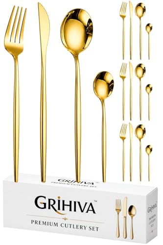 Image of 16 Pcs Gold Slim Handle Stainless Steel Cutlery Set for Dining Table with Spoons and Forks Set + Butterknives - The Perfect Tableware /Flatware