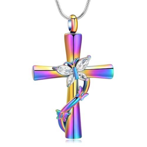 Rstnxnnl Cruz Labertilla Cremación Joyería Urna Collares Cruz Urna Colgante Colgante para ceniza Pieza de recuerdo Colgante para mujeres Hombres Regalos con Fundero Kit & Bolso(Regenbogen)