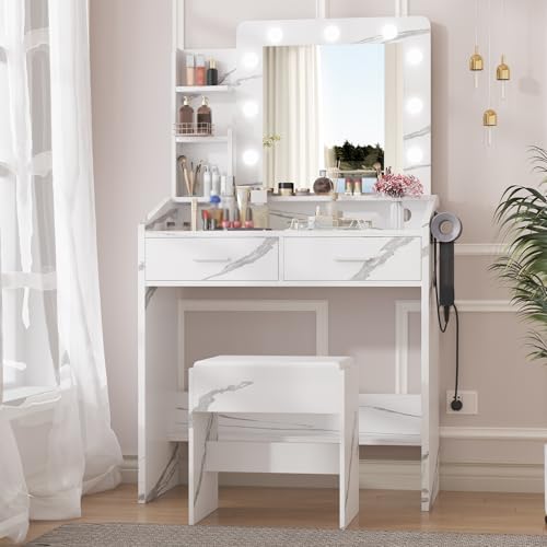 Garveehome Vanity Desk with Mirror and Lights, Makeup Vanity with Power Outlet & Cushioned Stool, 3 Lighting Modes Adjustable Brightness, Dressing Table with Hairdryer Holder for Bedroom, Marble White