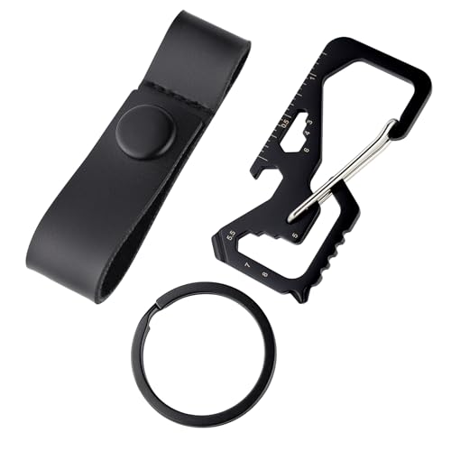 Image of Metal Car Key Fob Clip Carabiner Keychain Rings Leather Belt Loops Holder - Black