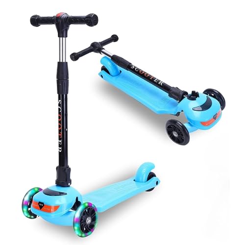 SKY-TOUCH Kids Scooter 3 Wheel Foldable Kick Scooter for Boys Girls Ages 3-14 Years Adjustable Height Lean to Steer Non-Slip Deck Lightweight Push Scooter for Children
