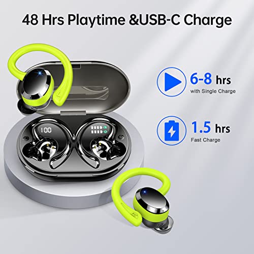 Auriculares-Inalambricos-Deportivos-Auriculares-Bluetooth-53-HiFi-Estereo-y-HD-Mic-Cascos-Inalambricos-con-Verde-Gancho-IP7-Impermeable-In-Ear-Auriculares-Running-48H-de-Bateria-Pantalla-LED