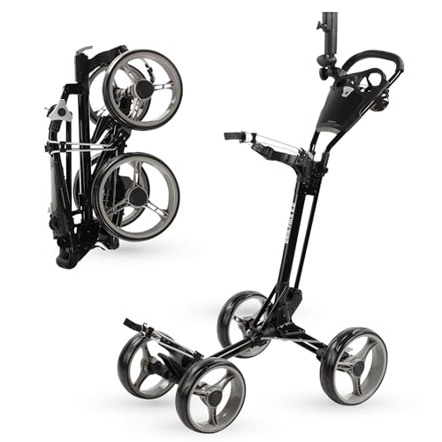 Qwik-Fold 4-Wheel Golf Push Cart with Foot Brake – 1-Second Fold & Unfold Golf Trolley, Lightweight Aluminum Frame, Adjustable Handle, Smooth Ball-Bearing Wheels, Umbrella Holder - Black/Charcoal