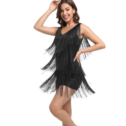 Womens Gatsby 20s Flapper Roarin Cocktail Vintage Tassel Mini Dress 1920s Fringe Party Club Mini Sequin Prom Dress (US Alpha XX-Large Sequin Black Dress)
