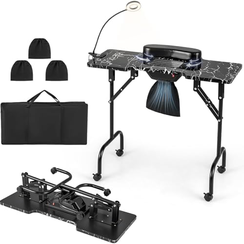 RELAX4LIFE Table Manucure Pliante avec Aspirateur | Table Manucure Pliable sur roulettes | Portable avec Sac | Lampe LED USB | Coussin de Poignet Amovible |...