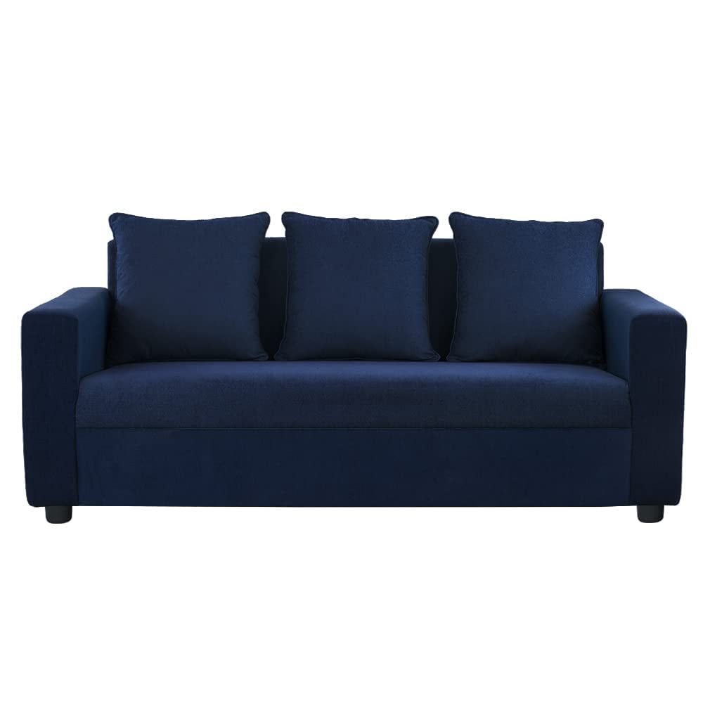 3 Seater Sofa with Cushions, Beige Fabric, Modern Sofa and Model, Dark Blue, 3.0, Teak Wood-image-3
