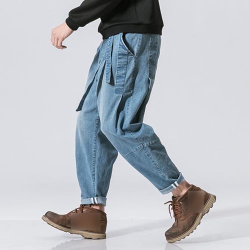 Men’s Elastic Waist with Belt Jeans Casual Solid Loose Fit Jeans Cargo Joggers with Pockets Jean3