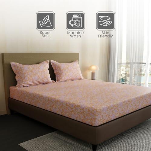 Image of Layers 100% Cotton Bedsheet for Double Size Bed | Lumina Floret Collection | 144 TC Soft & Breathable | Floral with 2 Pillow Covers | Wrinkle Free & Colorfast | 3 Pc Bedding Set - Purple & Orange