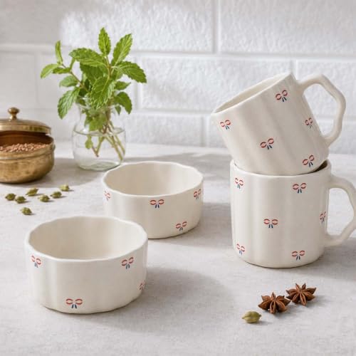 Image of The Earth Store Cream Bow 250ML Ceramic Bowl Set of 2 & 300ML Coffee Mug Set of 2 | Microwave & Dishwasher Safe Mug and Bowl Combo Set for Serving Tea Snack | Perfect for Gifting & Daily Use