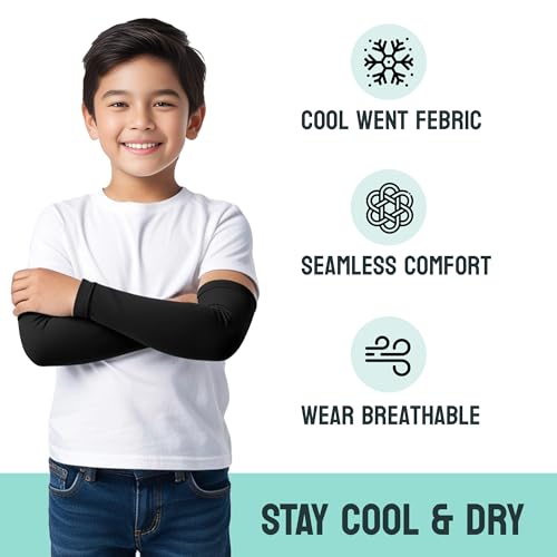Image of Kids Arm Sleeves - Protective Arm Covers for Boys & Girls, Ages 5-13, UV Sun Protection, Perfect for Sports, Cycling, Running, and Outdoor Activities