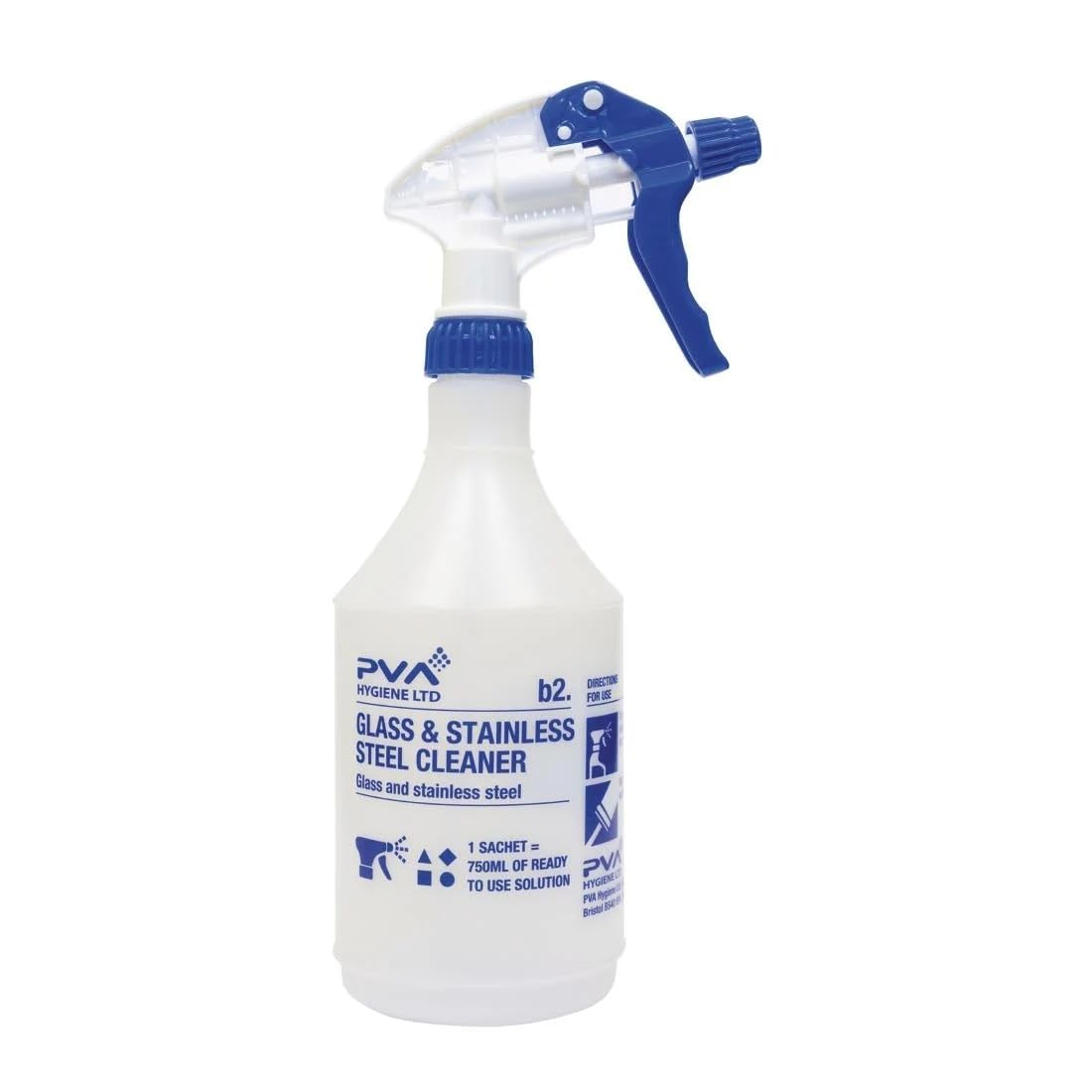 PVA Hygiene Glass & Stainless Steel Labelled Empty Trigger Bottle, 750ml