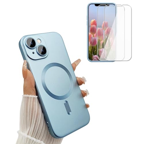 Coque magnétique pour iPhone 13 avec protège-objectif et 2 verres trempés bleu
