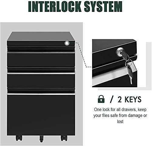 Black File Cabinet, 3 Drawer Mobile File Cabinet With Lock And Wheels, Under Desk Metal Filing Cabinet For Office，Lockable Rolling Cabinet With 2 Keys For Legal/Letter/A4 Size, Fully Assembled （A） #TOP6