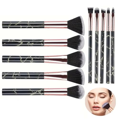Makeup Brush Set 10-Piece, Marble Design Professional Brushes for Foundation, Powder, Blush, Blending, and Eyeshadow, Black