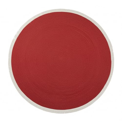Image of Cotton Round Carpet 3x3 feet - Handmade Braided Boho Rug for Living Room, Bedroom & Balcony - Soft Washable Floor Mat, Color -red