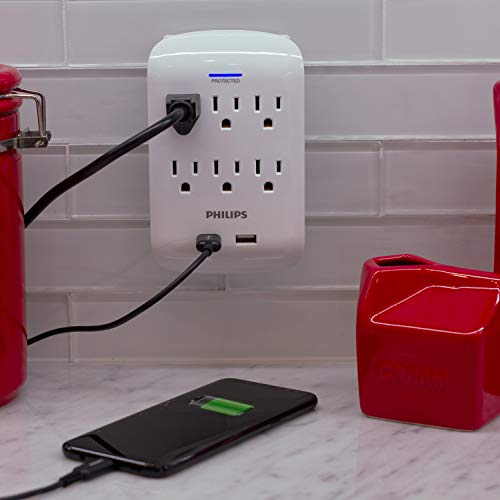 Philips 3-Outlet Extender With 2-Usb Port Surge Protector, Charging Station, 900 Joules, Grounded Power Adapter, Indicator Light, 3-Prong, 2.4 Amp/12 Watt, Etl Listed, White, Spp6233Wb/37 #TOP4