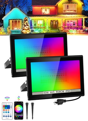 Image of T-SUN RGB Flood Lights Outdoor, 600W Equivalent Color Changing Landscape LED Light with APP Control, Waterproof Floodlight with 16 Million Colors, Timing, Music Sync (RGB-APP Control, 60W-2Pack)