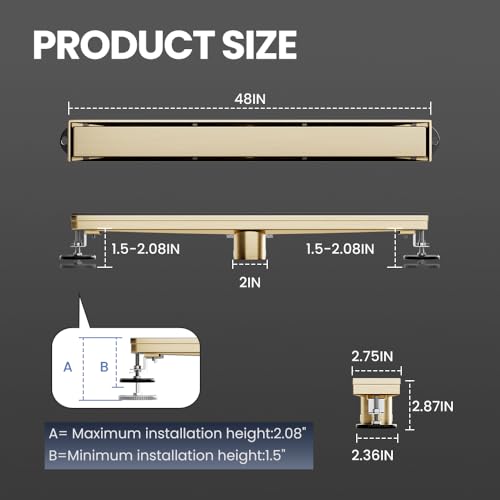 LISEEGO Linear Shower Drain 48 Inch Gold, Shower Drain with 2-in-1 Tile Insert Panel, Brushed AISI 304 Stainless Steel Linear Drain for Fast Drainage, Floor Drain for Bathroom, Kitchen, Garage & More by LISEEGO - Used condition - Image 5
