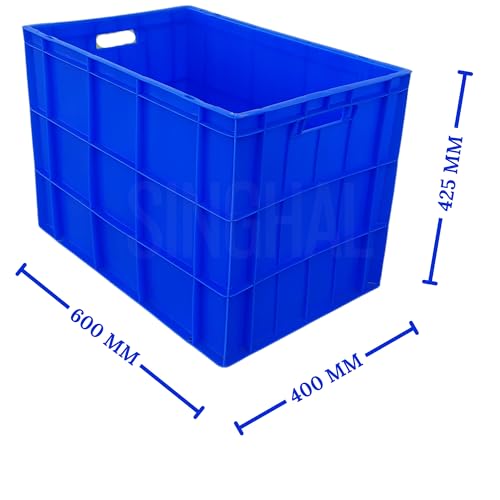 Image of SINGHAL Plastic Crate 600x400x425 MM Multipurpose Heavy Duty Big Blue Portable Crates for storage | Shelf Basket for Large Storage Bin | Vegetable, Fruit, Milk