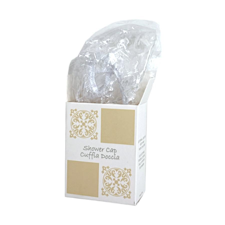 Cuffia doccia in astuccio,confezione da 100 pz, linea cortesia hotel, B&B, Casa Vacanze, linea Acanto Trasparente in polietilene
