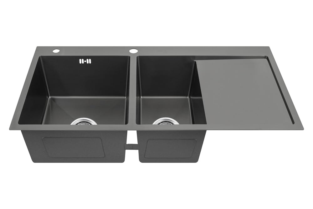100 x 50 x 21, lavello da cucina, acciaio inox 304, spessore del materiale: 0,8 mm, lavello, lavello da incasso, rettangolare, 2 vasche troppopieno, scolapiatti, nero