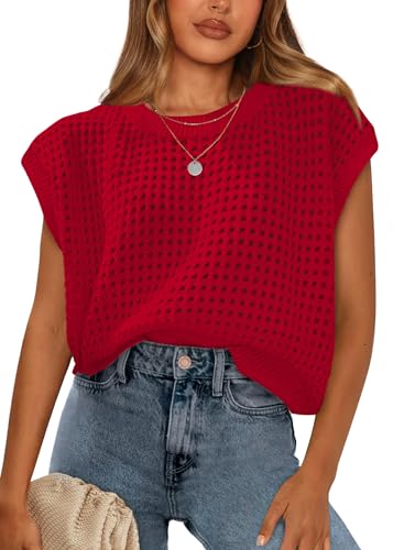 Christmas Sweaters for Women Cap Short Sleeve Dressy Casual Beach Fashion Vacation 0utfits Ribbed Crochet Knit Tops Valentine's Day Shirts Date Night Spring Summer Tops Red L