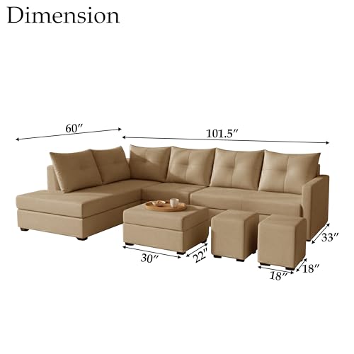 Image of Wood 8 Seater Sofa Set with Ottoman & Stools | Velvet Fabric Upholstery | Modern L Shape Wooden Frame Couch for Living Room, Home & Office (Golden)