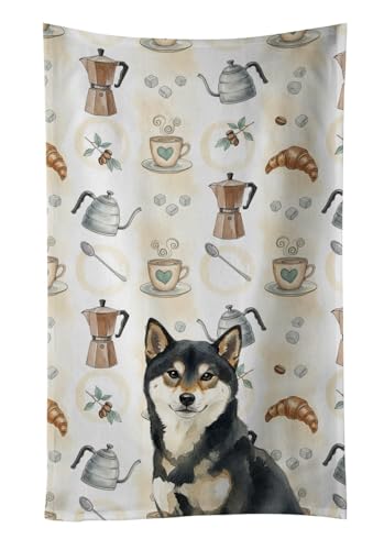 Caroline's Treasures Black and Tan Shiba Inu Coffee Bar Kitchen Towel Velour Plush Front and Cotton Loop Back Machine Washable