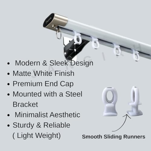 Image of Jangirh 4.5 Feet Sleek Silent /Curtain Track Rail Channel for Windows /Door /Office Wall Fit, Complete Set of Accessories with Screws & Wall Plugs, White inch