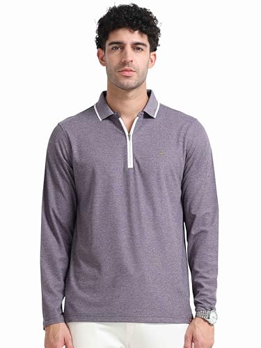 Image of STELLERS Men's Melange Full Sleeve Zipper Polo T-Shirt | Feather Soft Fabric | Breathable | Regular Fit | Quick Dry | Wrinkle Free | Tipping Design