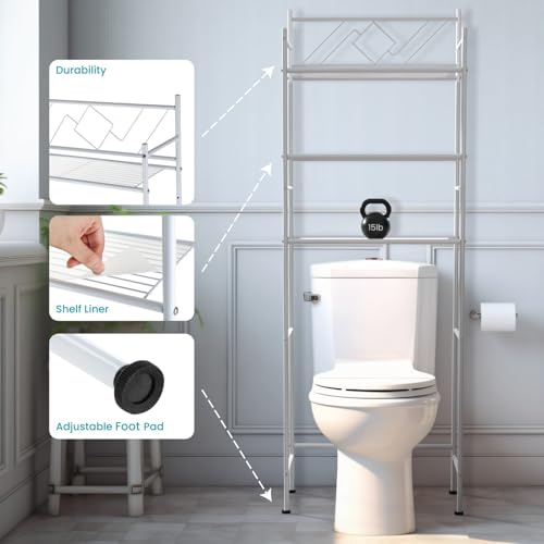 Image of Home Zone Living Over-the-Toilet Bathroom Storage Cabinet Organizer | Freestanding Steel Frame Design with 3-Tier Shelves and Adjustable Feet, White