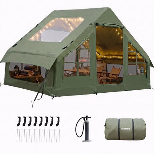Image of Inflatable Tents for Camping - Blow Up Tent with Stove Jack and Pump, Hot Cabin Tent House Easy Setup 4 Season Waterproof Oxford Glamping Air Tents for Adult 2 /3 /4 Person