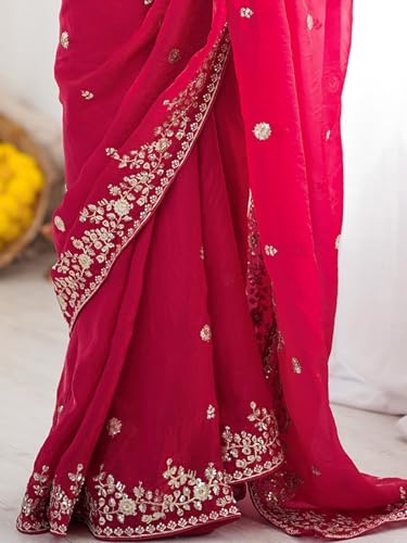 Image of Satrani Women's Tissue Silk Scalloped Border Sequins Embroidery Saree with Unstitched Blouse Piece