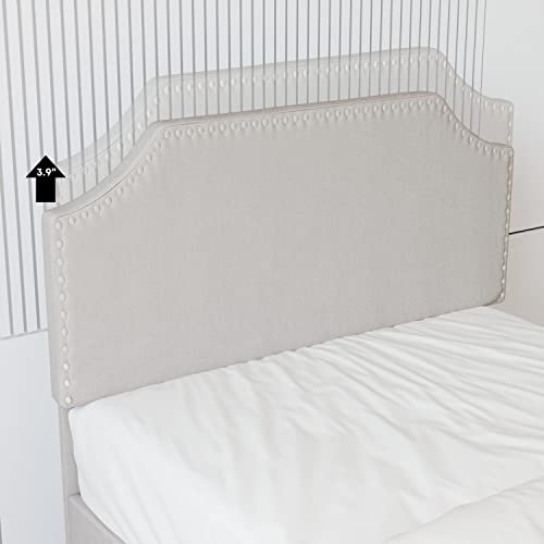 Likimio Twin Bed Frames, Upholstered Platform Bed Frame With Height Adjustable Headboard With Nailhead Trim, No Box Spring Needed/Wood Slat Support/Noise-Free, Beige #TOP3