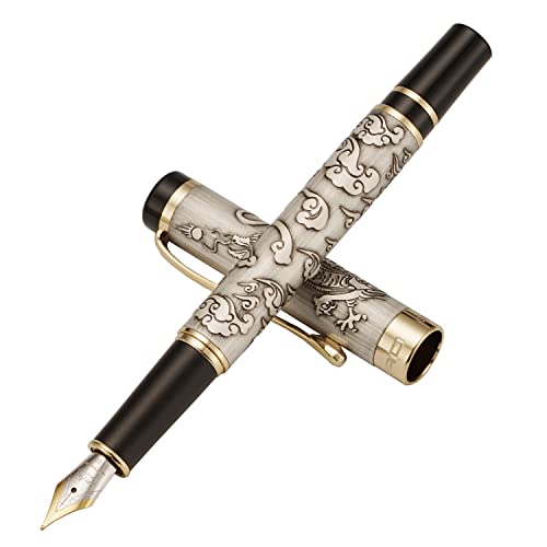 Jinhao 5000 Vintage Luxurious Metal Fountain Pen Beautiful Dragon Texture Carving, Ancient Gray Colour #TOP1