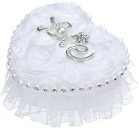 Vista 5 de Caja de soporte para anillo de boda en forma de corazón, almohada romántica para portador de anillo de encaje blanco, cojín romántico de rosa
