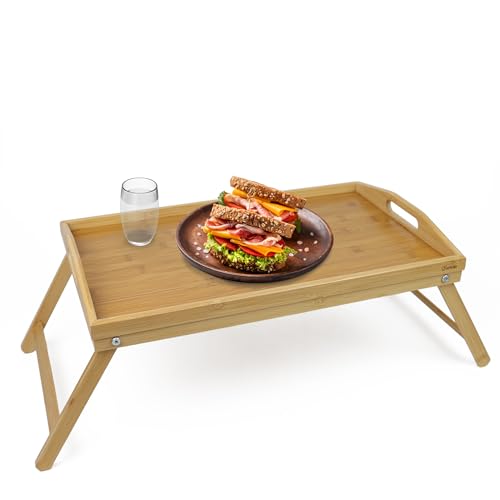 DIVCHI Bamboo Bed Tray Table with Handles & Foldable Legs