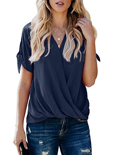 HOTAPEI Womens Tunic Blouses Casual Loose Summer Tie Short Sleeve Wrap V Neck Chiffon Work Blouses for Women Fashion 2022 Loose Fit Tops Shirts Navy Blue Medium