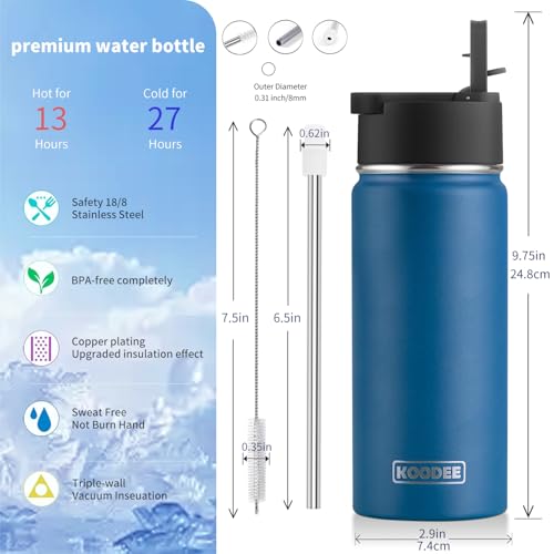 Image of koodee Water Bottle with Straw 16 oz Stainless Steel Double Wall Vacuum Insulated Water Bottle BPA Free, Boys Water Bottle for School (Navy)